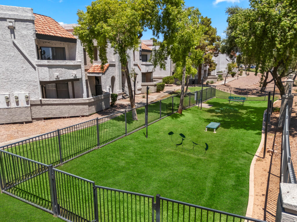 Fenced in dog park with various agility equipment pieces and park bench